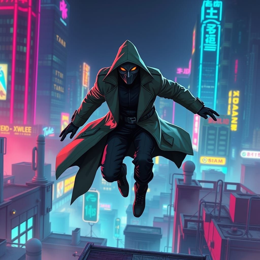 Cyberpunk Vigilante Leaps Across Neon Rooftops