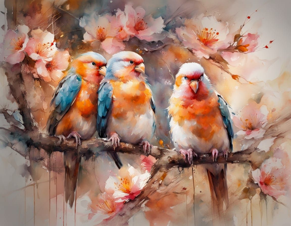 Vibrant Lovebirds on Cherry Blossom Branch