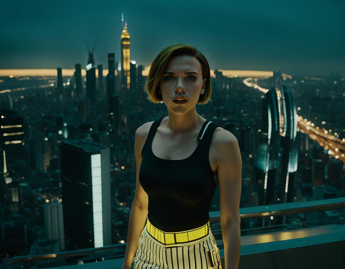 Scarlett Johansson Lookalike in Futuristic City at Dusk