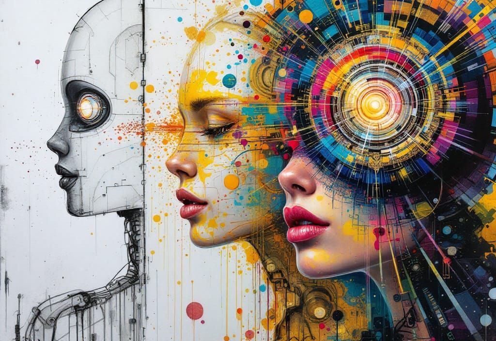 Artist Drawing Robots and Portal in Impasto Style