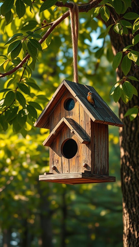 Wooden distressed birdhouse hanging from a tree in a sunny f...