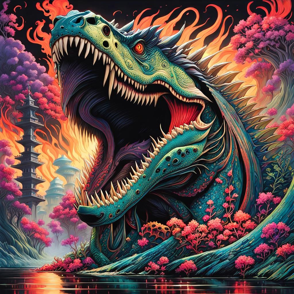 Parasite Necrosaurus in Fog, Detailed Intricate Art