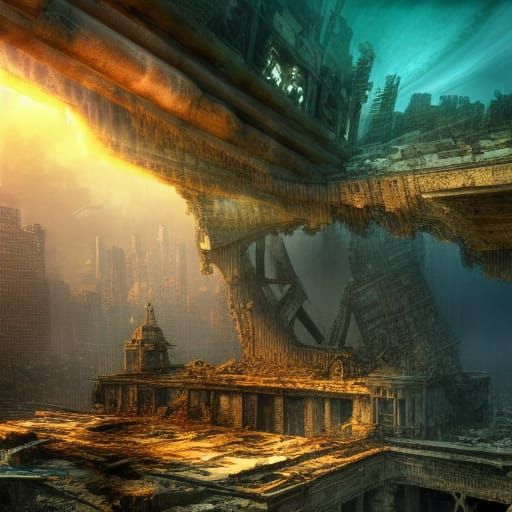 Underwater Ruined New York City in Photorealistic Style