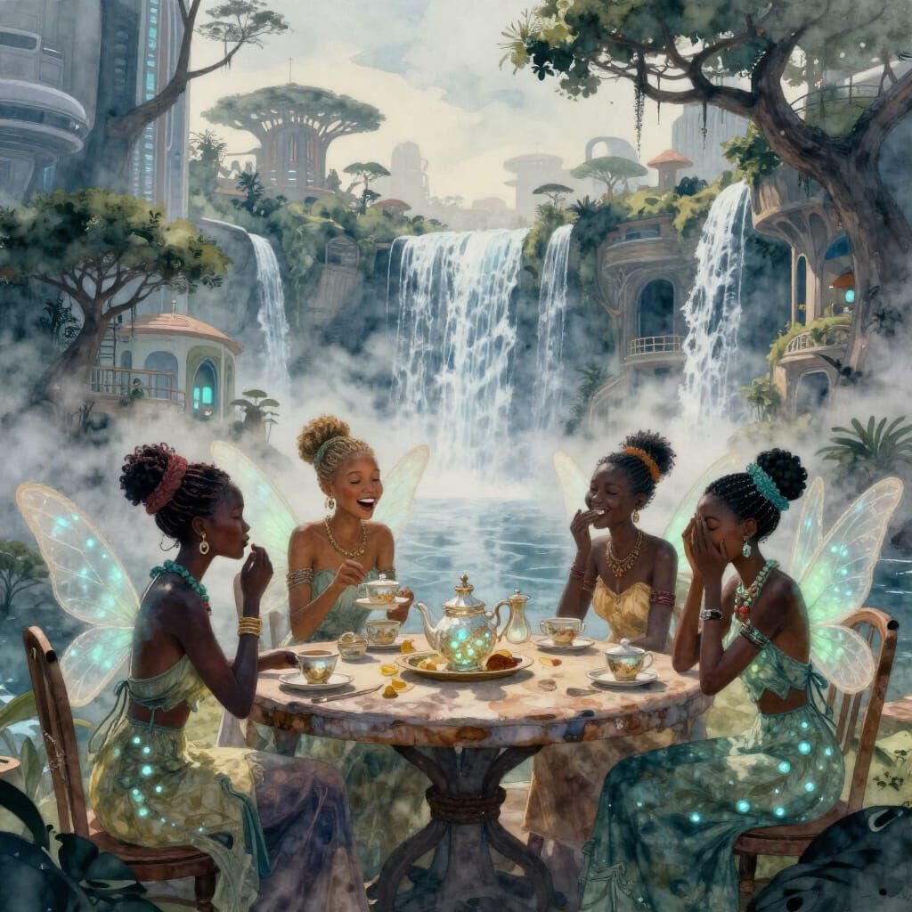Fairies Gossiping in Futuristic Cityscape