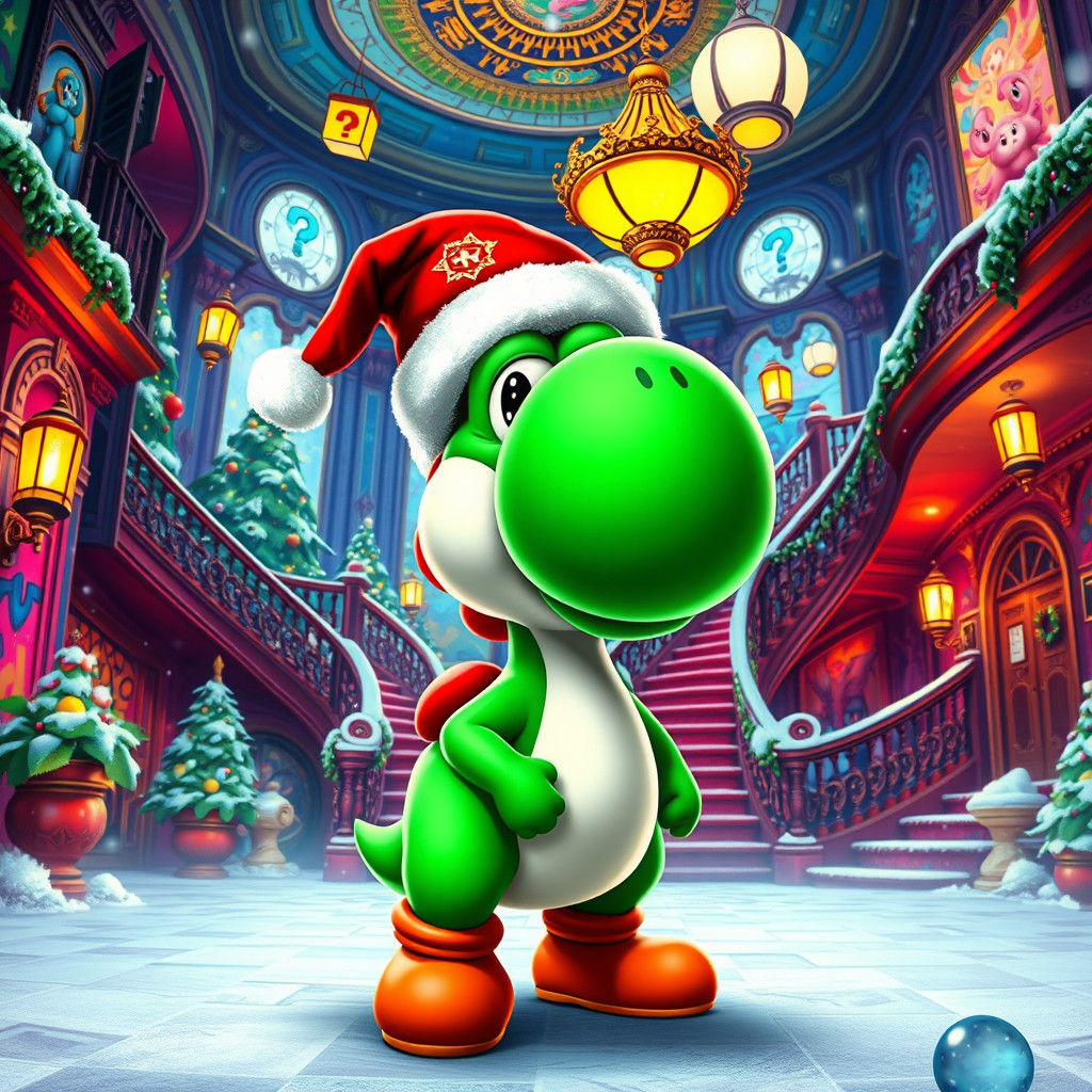 Yoshi in a Surreal Super Mario Mansion