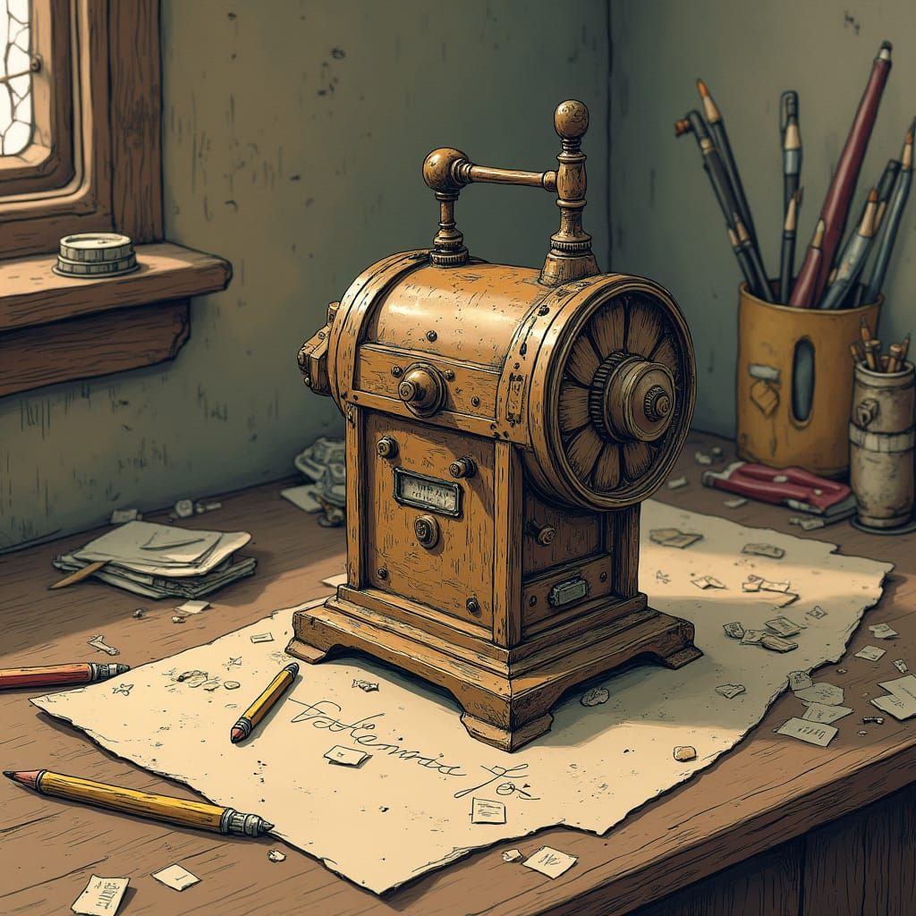 Detailed Vintage Pencil Sharpener, Graphic Novel Art