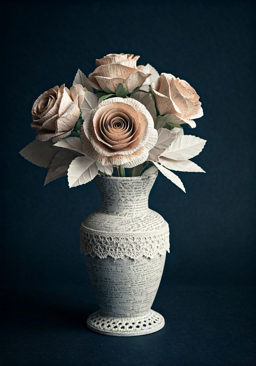 Photorealistic Paper Roses in Ornate Vase