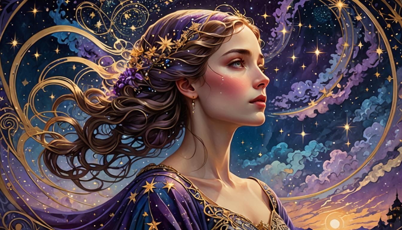 Veiled Woman in Starry Night Sky, Art Nouveau