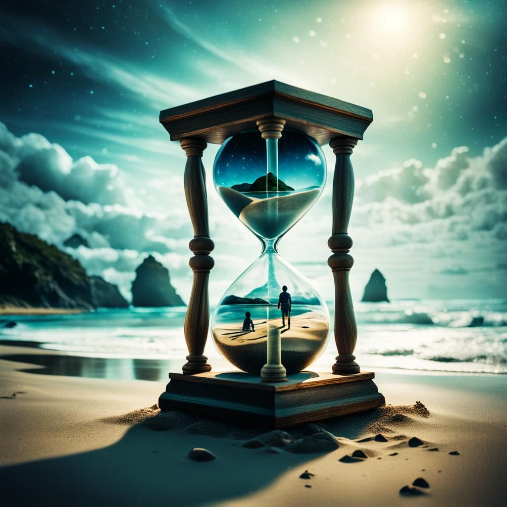 Hourglass Double Exposure with Sea, Cinematic Film Still