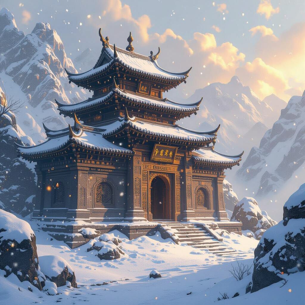 Mystical Snowy Temple in Oriental Fantasy Style