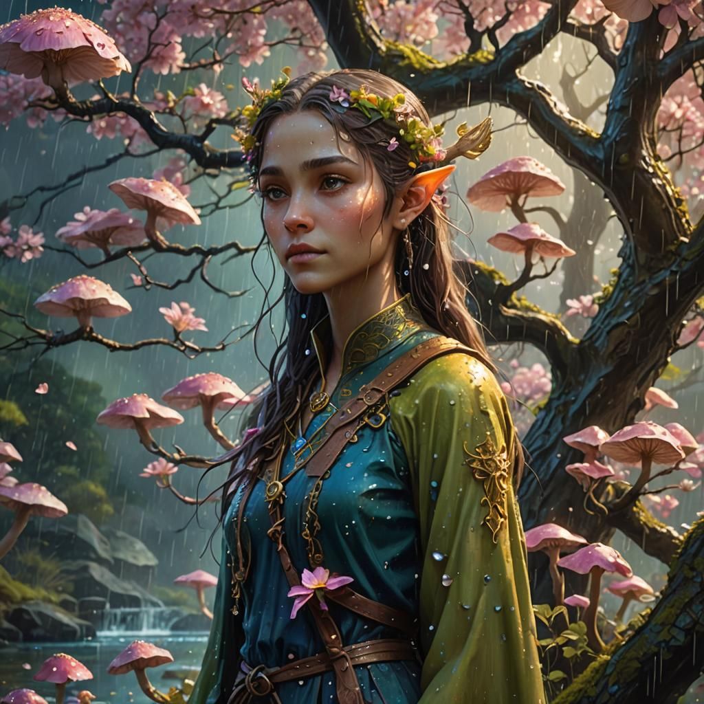 Spring Elf in Rain Under Blossoming Tree