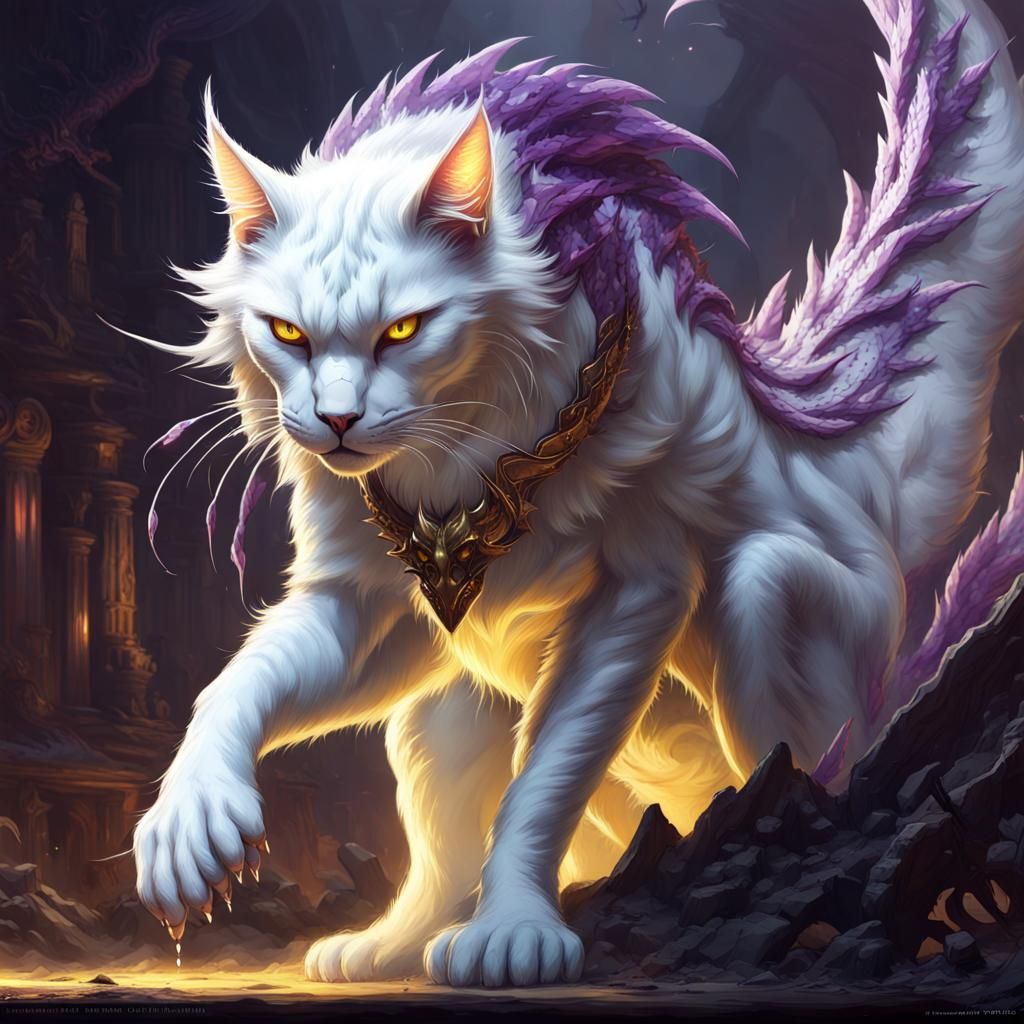 giant white cat like monster creature with dragon tail