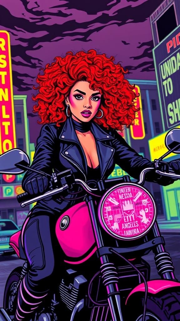 Surreal Pop Art Portrait of a Curly Redhead Motorcyclist