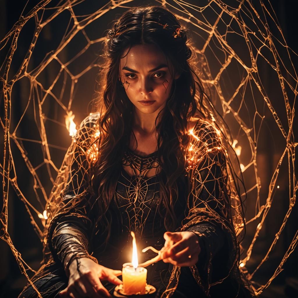 Arachne Weaving Web with Candlelight in Cinematic Style
