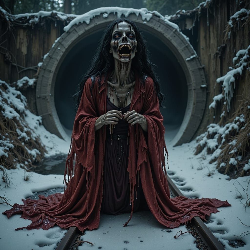 Spectral Woman Haunts Donner Pass Tunnel in Horror Style