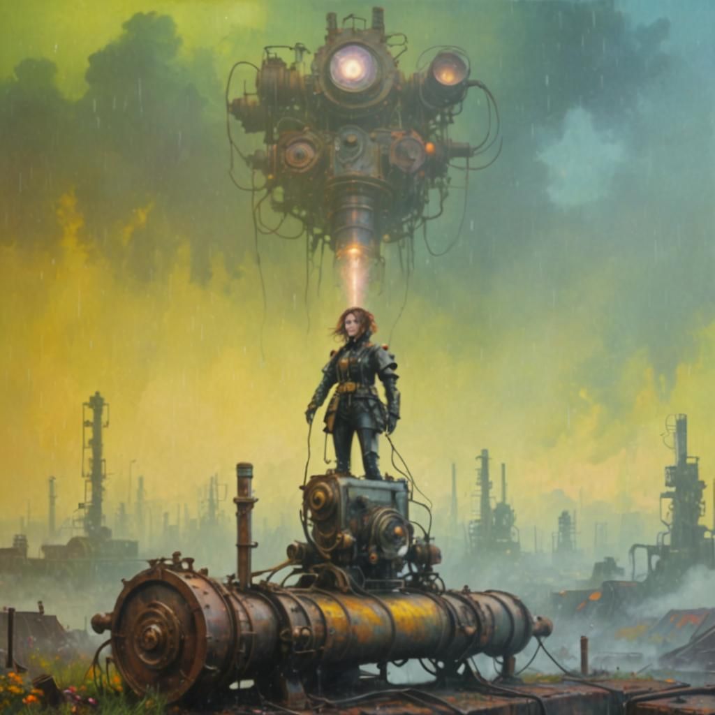 Steampunk Goth Model with Oscilloscope in Fog