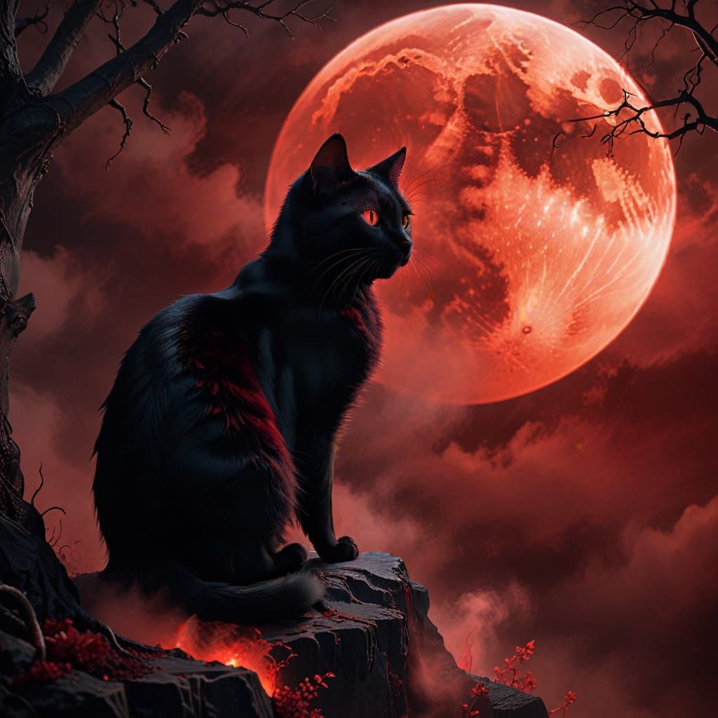 Gothic Black Cat Under Red Moon