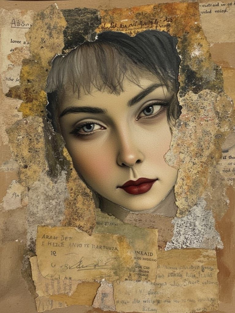 Nostalgic Woman's Face in Mixed Media Collage