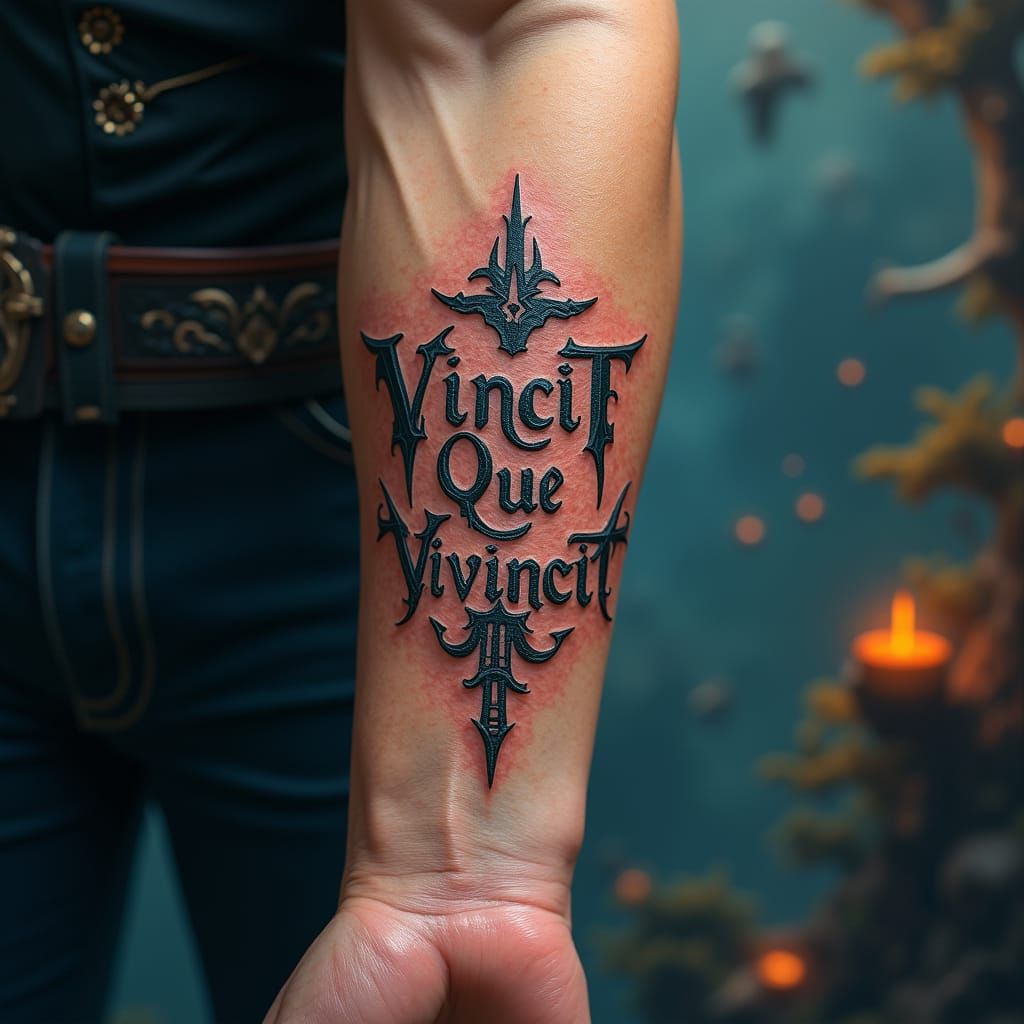 Mystical Tattoo Art: "Vincit Qui Se Vincit" on Forearm