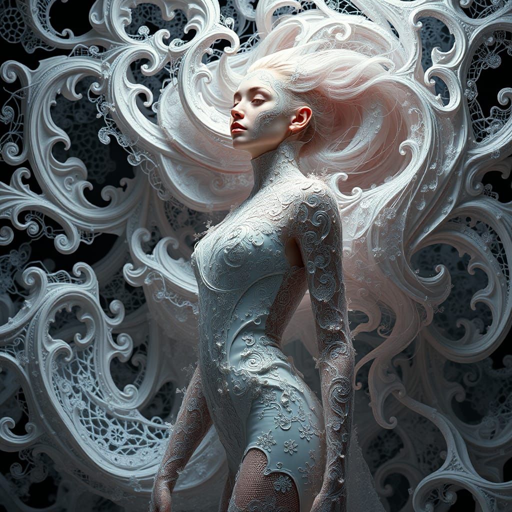 Ethereal Woman in Futuristic Couture: A Digital Art Piece