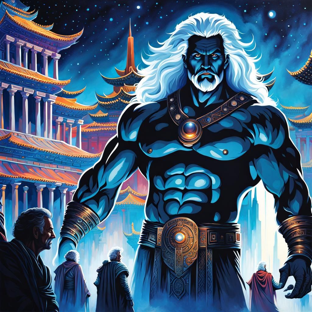 Muscle God Over Ancient City: Digital Art