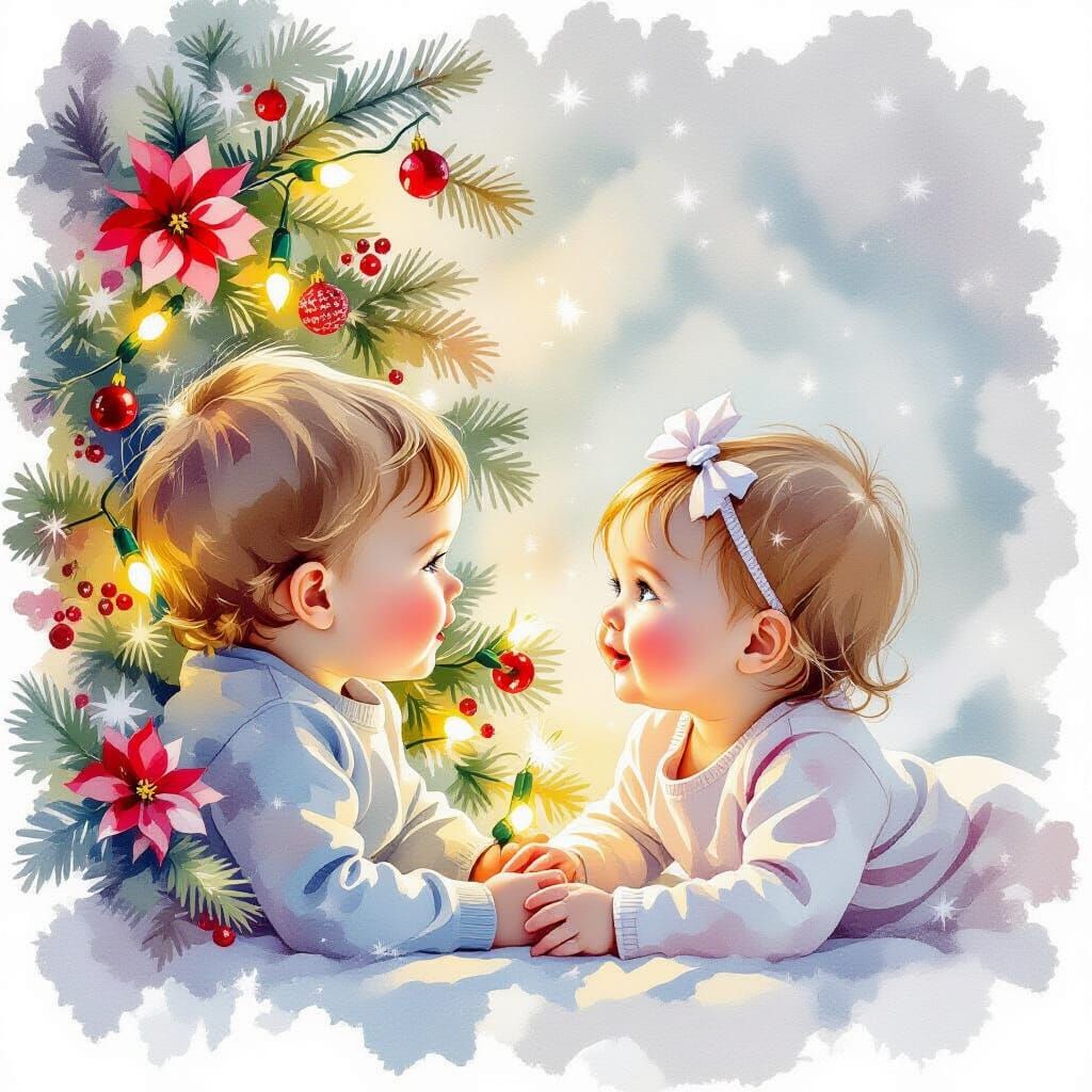 Ethereal Christmas Lights with Flowers in Watercolor