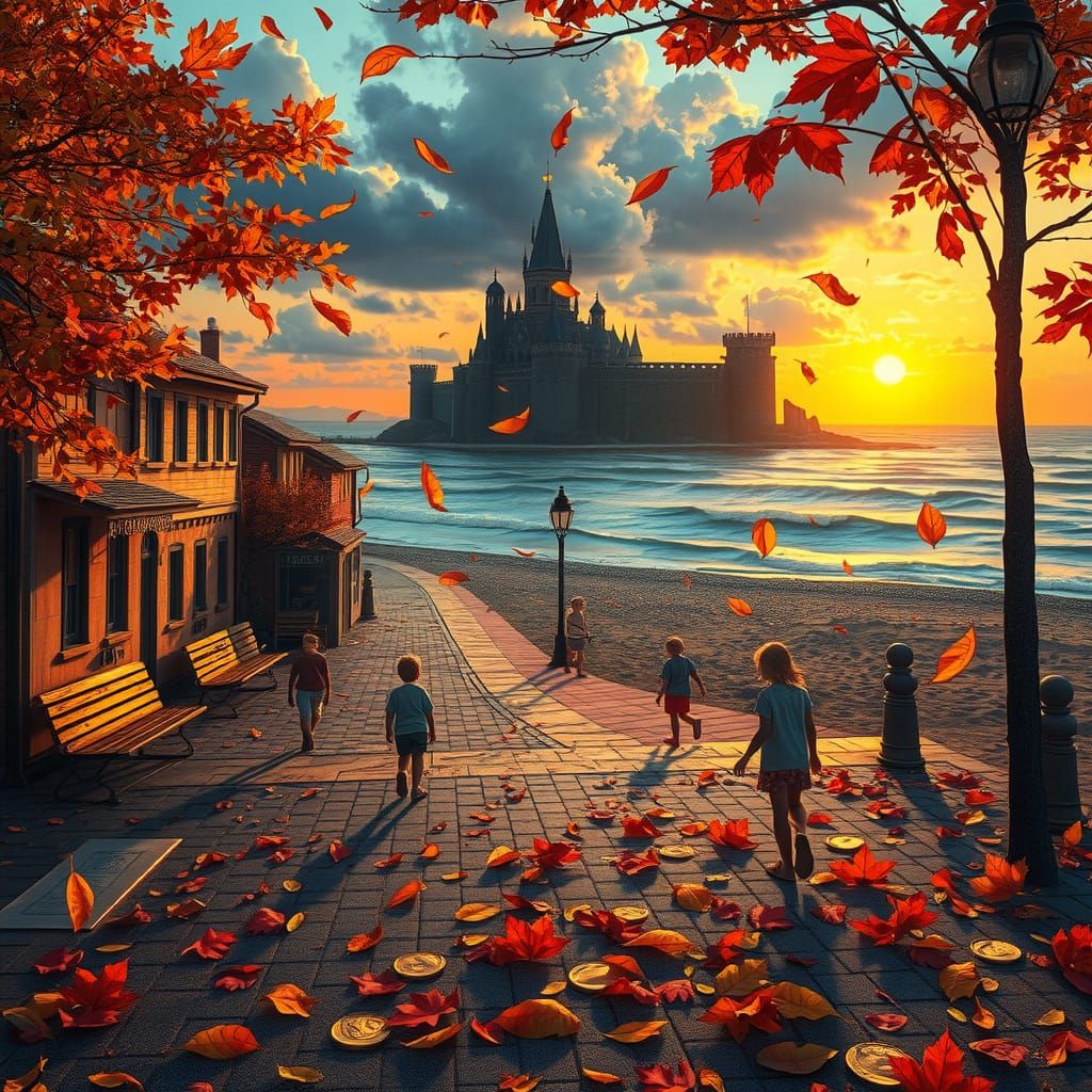 Autumn Sunset Over Castle Beach with Children Playing
