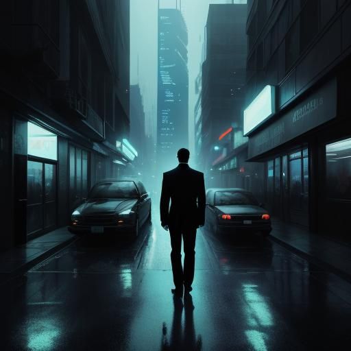 Cyberpunk Businessman in Gritty Urban Landscape
