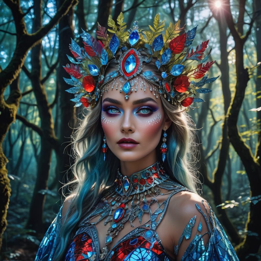Woman in Futuristic Jewelry Walking in Moonlit Forest