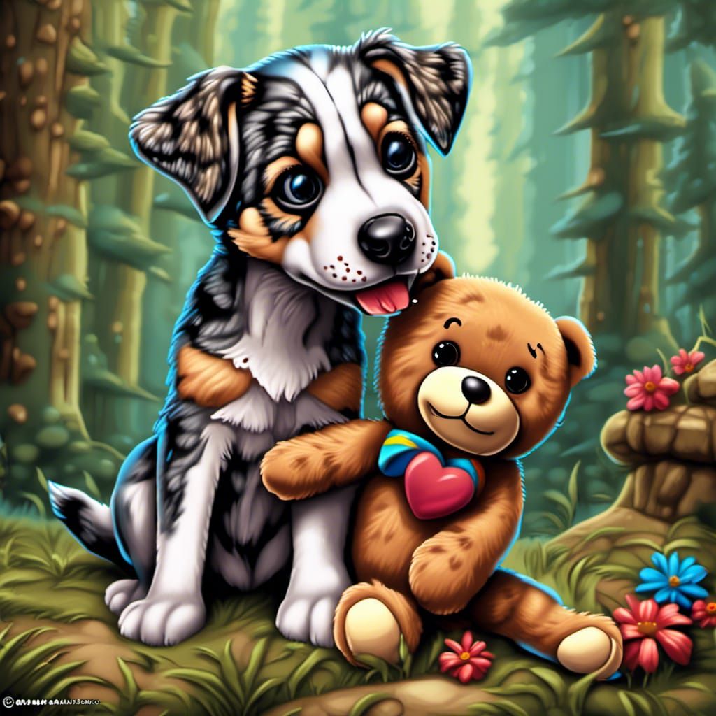 Cartoon Catahoula Dog Playing with Teddy Bear