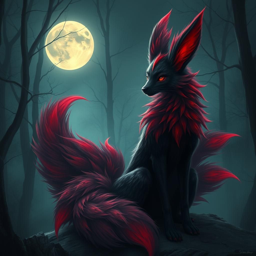 Majestic Red and Black Kitsune in Moonlit Forest