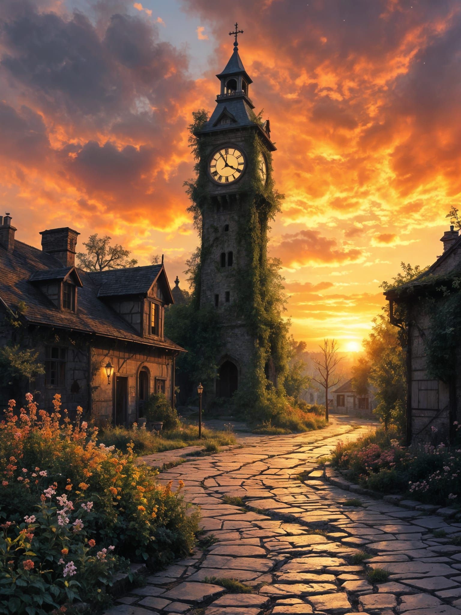 Overgrown Clock Tower in Forgotten Town Square