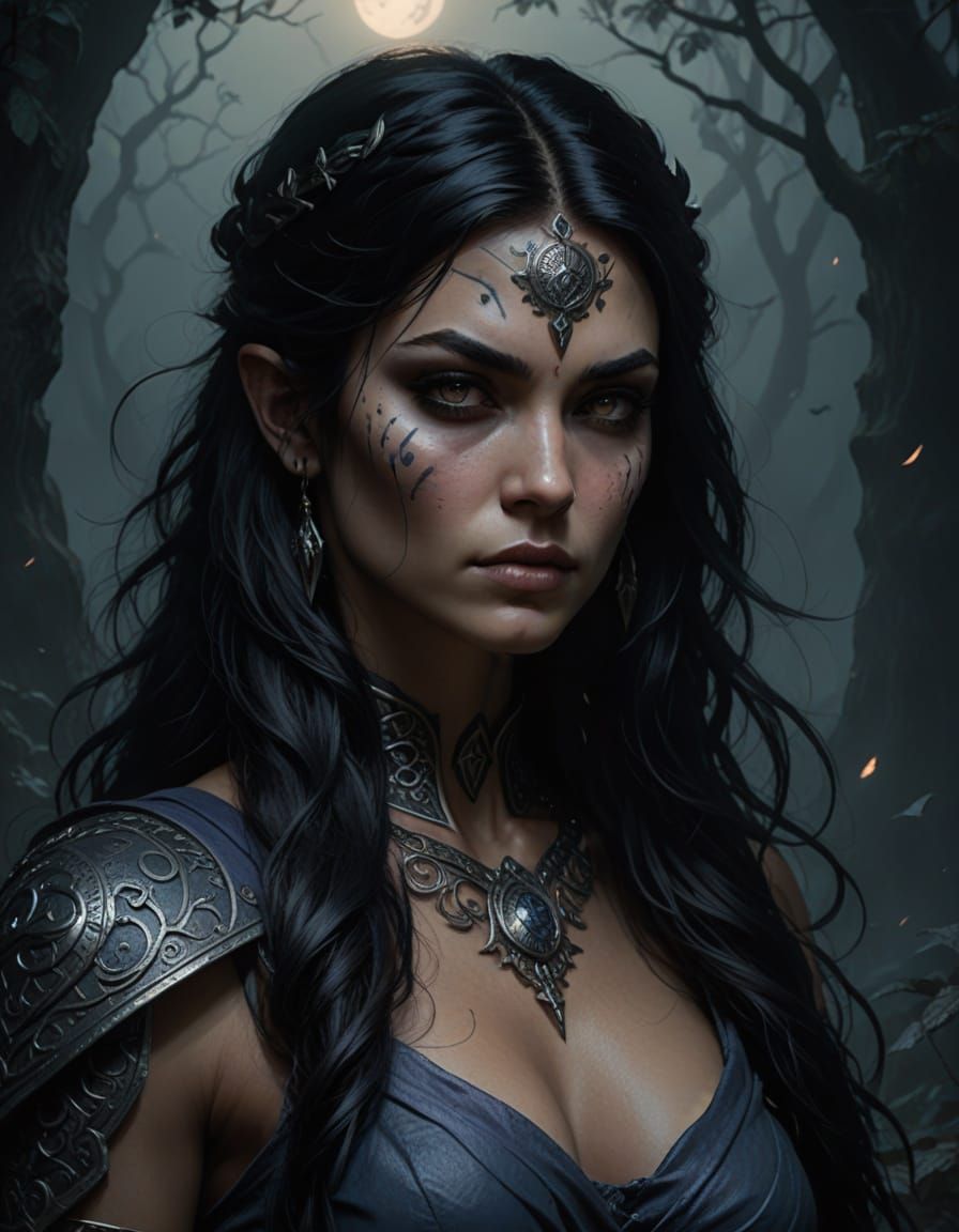 Mystical Warrior Woman in Dark Fantasy Realm