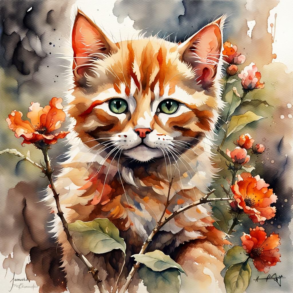 Vintage Watercolor Kitten with Flowers