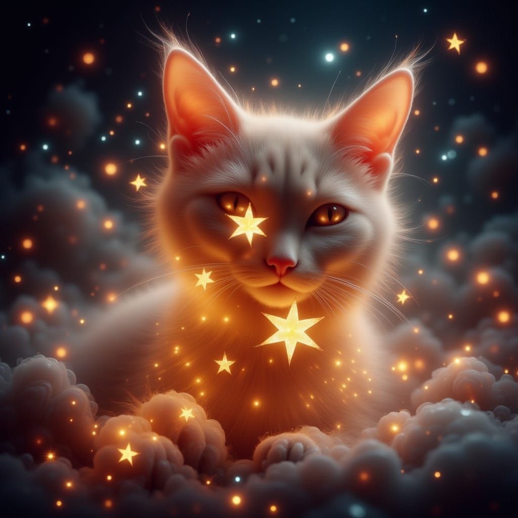 Glowing Cat Licking Star in Mystical Night