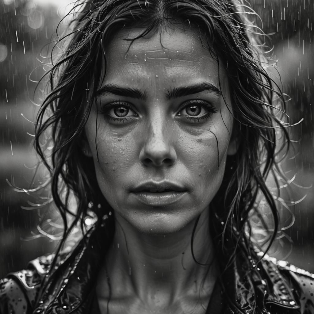 Black and white portrait of a woman in the rain.