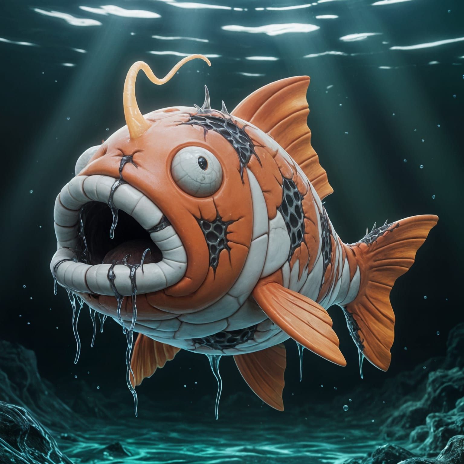 Grotesque Corrupted Magikarp in Submerged Horror Style
