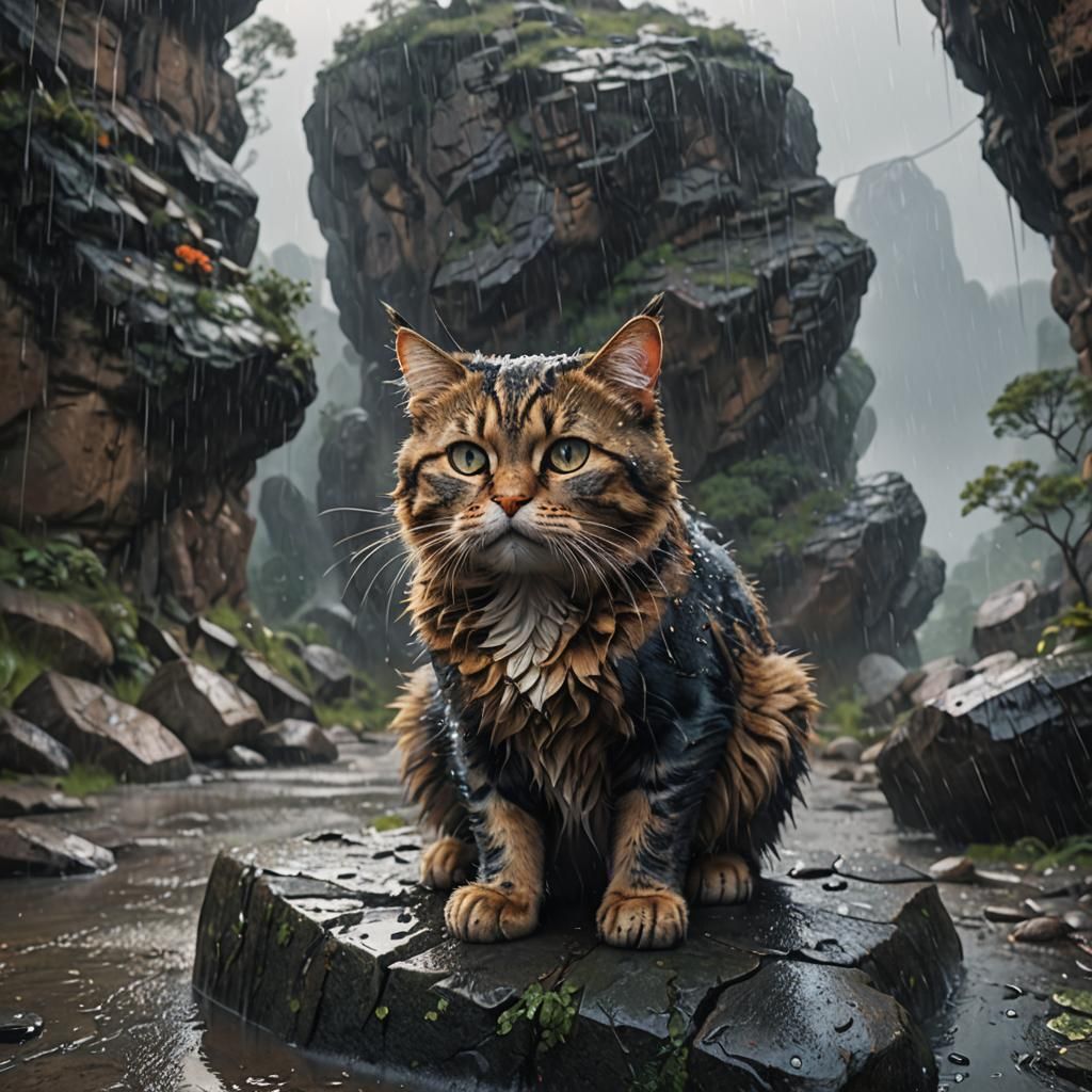 Sad Cat in Rain: Detailed Matte Painting