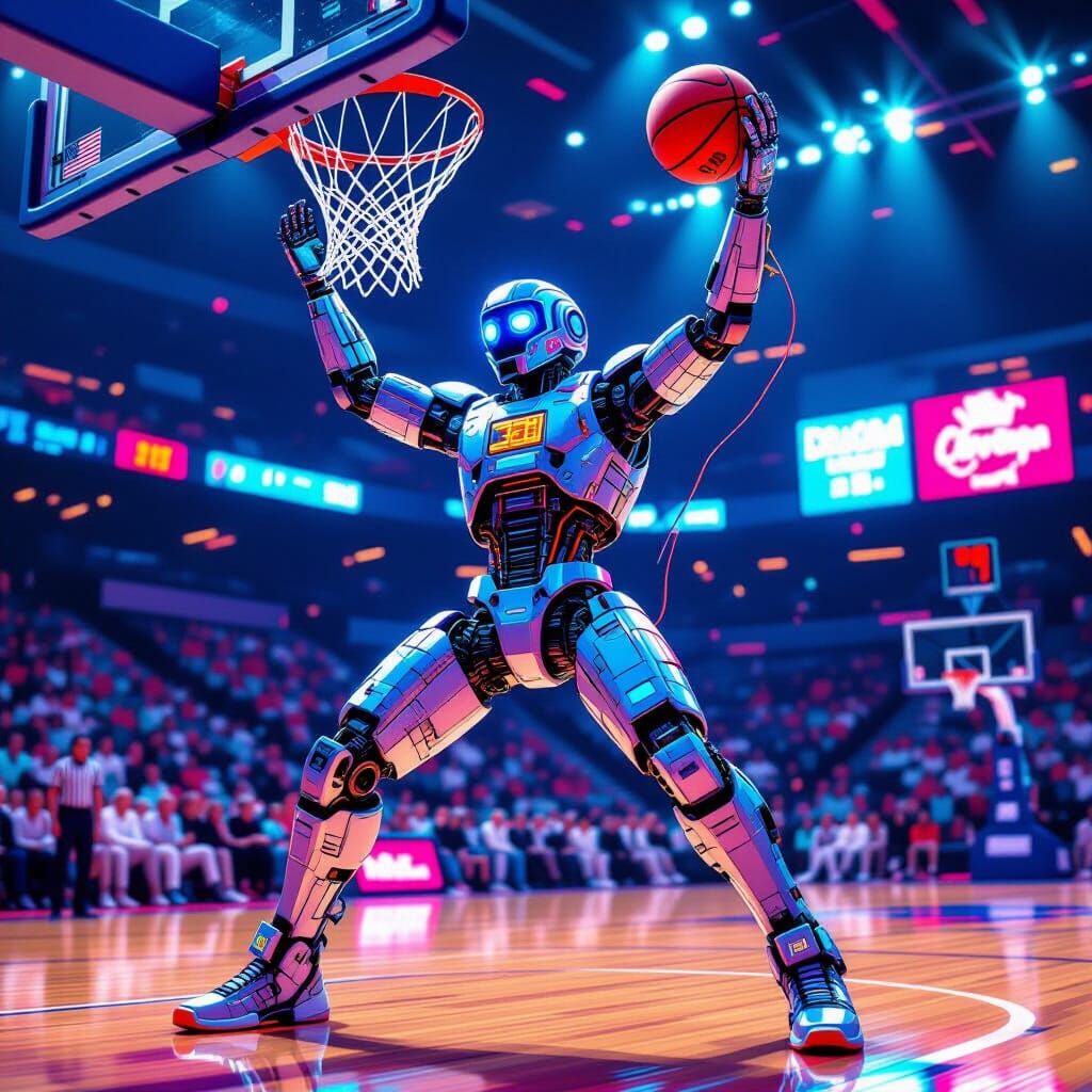 Robot Athlete Slam Dunks on Vintage Court in Neon Lights