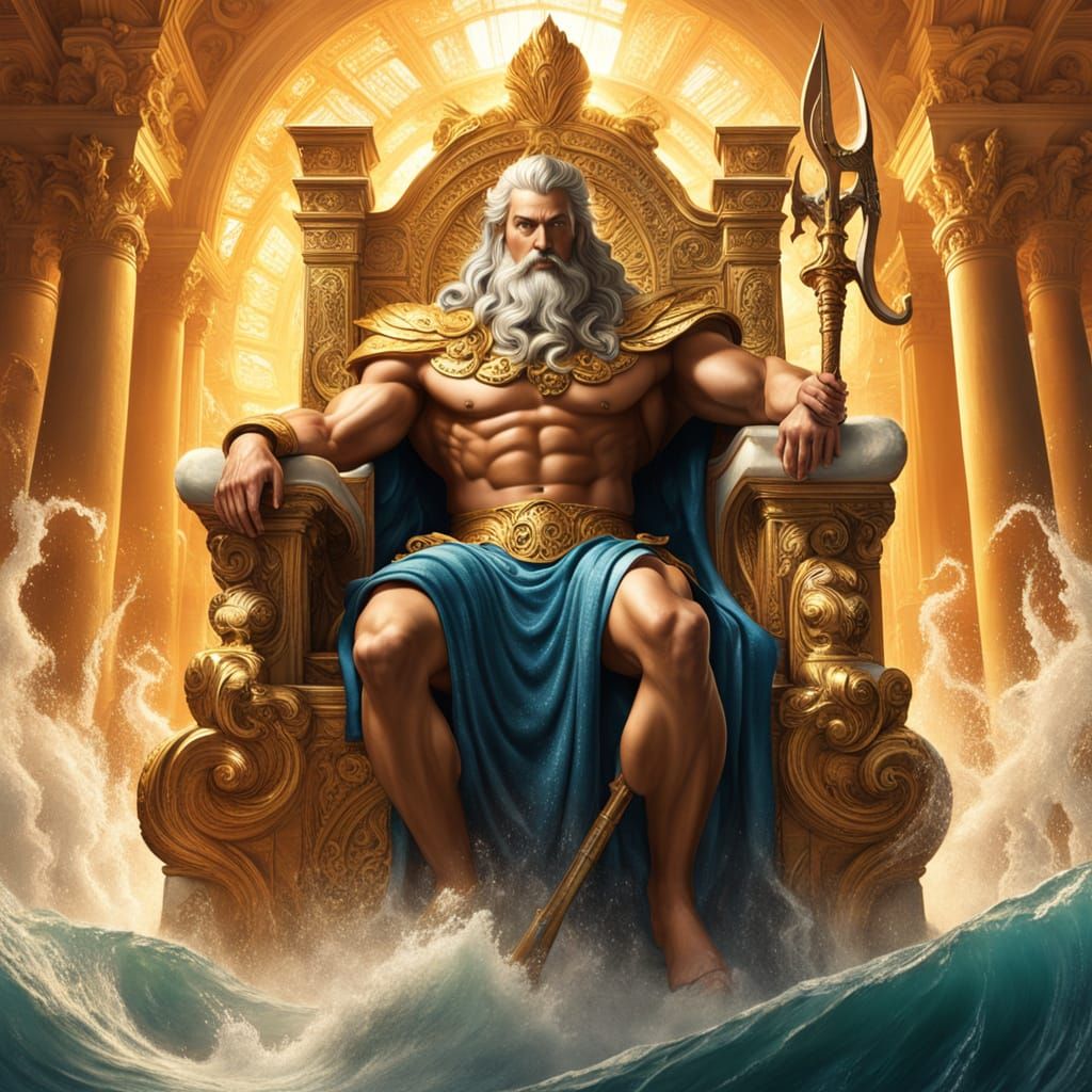 Poseidon on Water Throne in Golden Hour Light