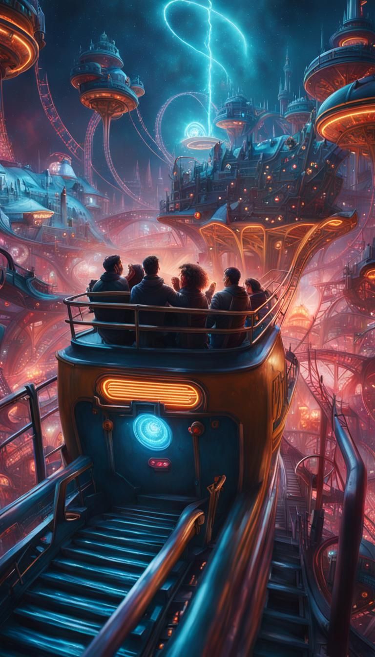 Cosmic Lovecraftian Theme Park with Neon Rollercoasters