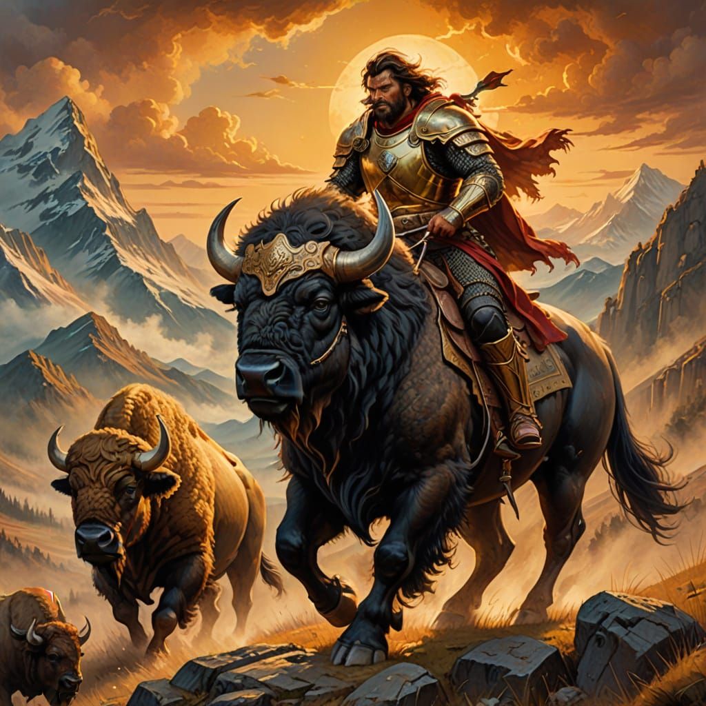 Warrior on a Majestic Buffalo in Golden Armor