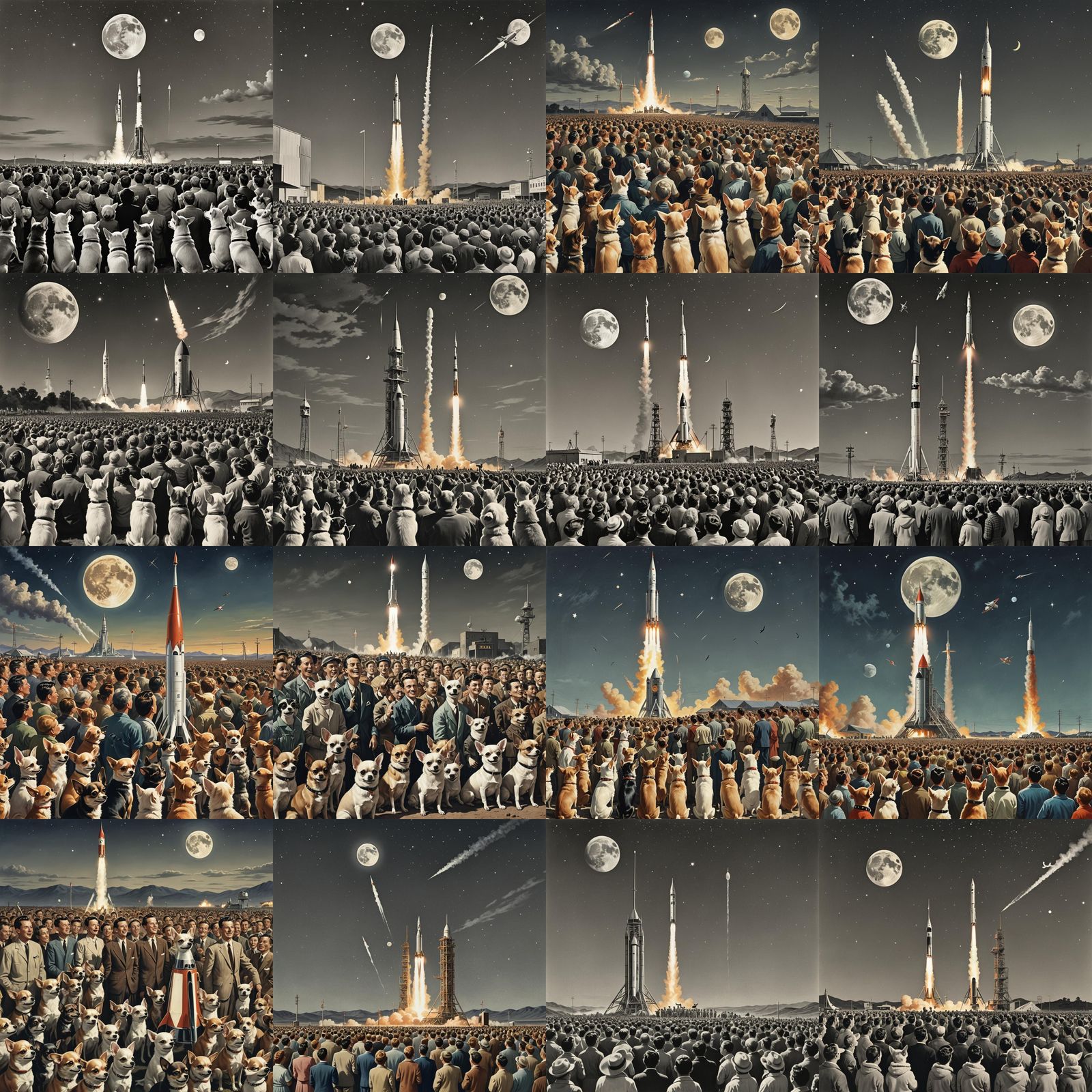 Chihuahuas Watch 1950s Rocket Launch, Smiling Moon