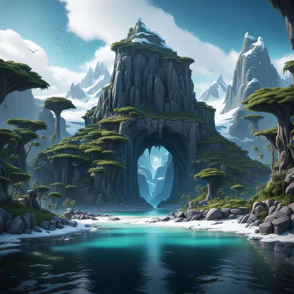 Antarctic Jungle Island in Detailed Matte Painting Style