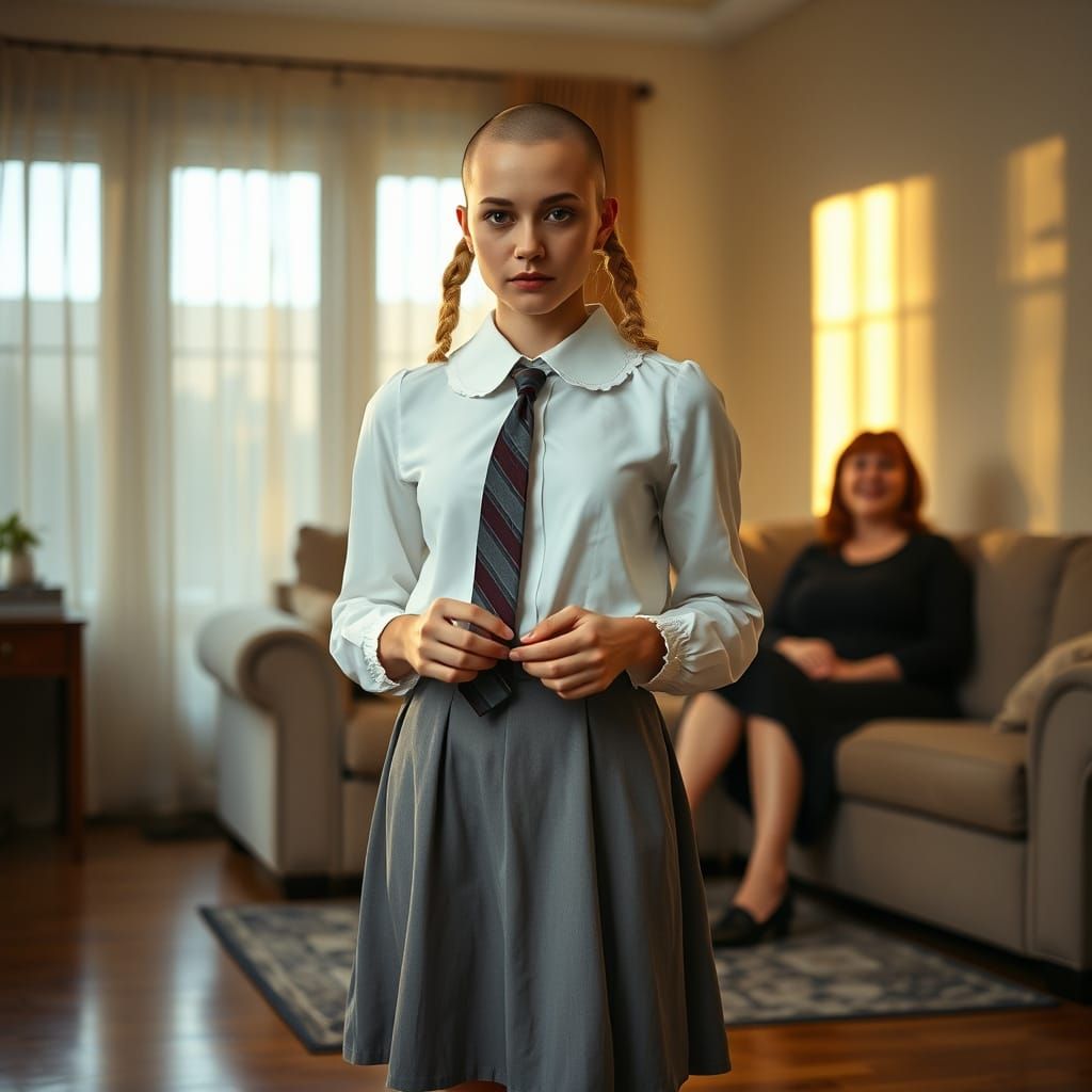Young Woman Conveys Melancholy with Shaved Head and Braided ...