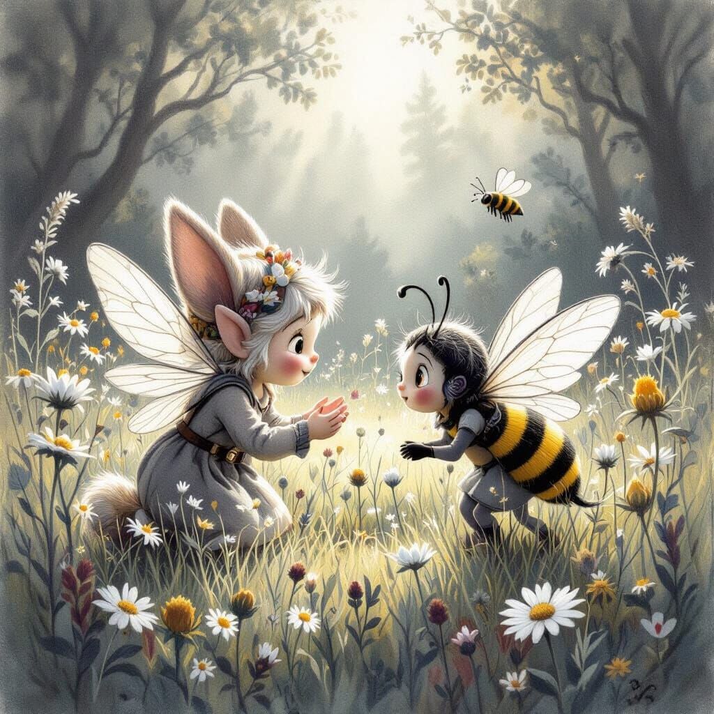 Sandmännchen and Biene Maya in Whimsical Meadow