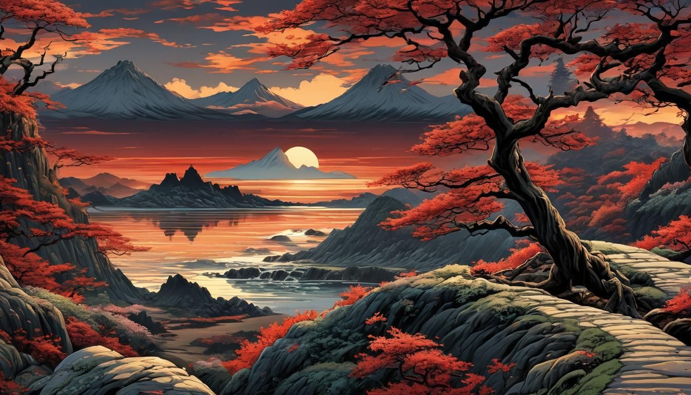 Hyperdetailed Rising Sun in Japanese Painting Style