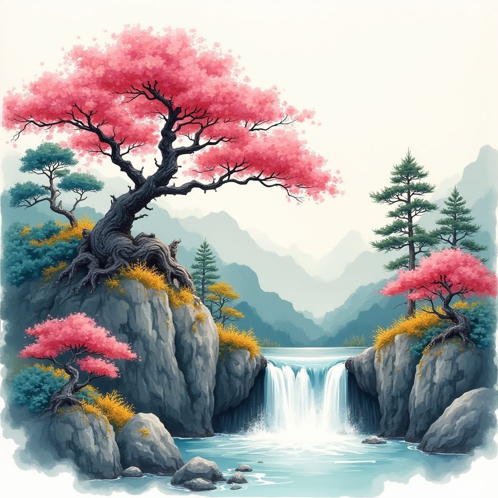 Surreal Asian Watercolor Landscape with Cherry Blossoms and ...