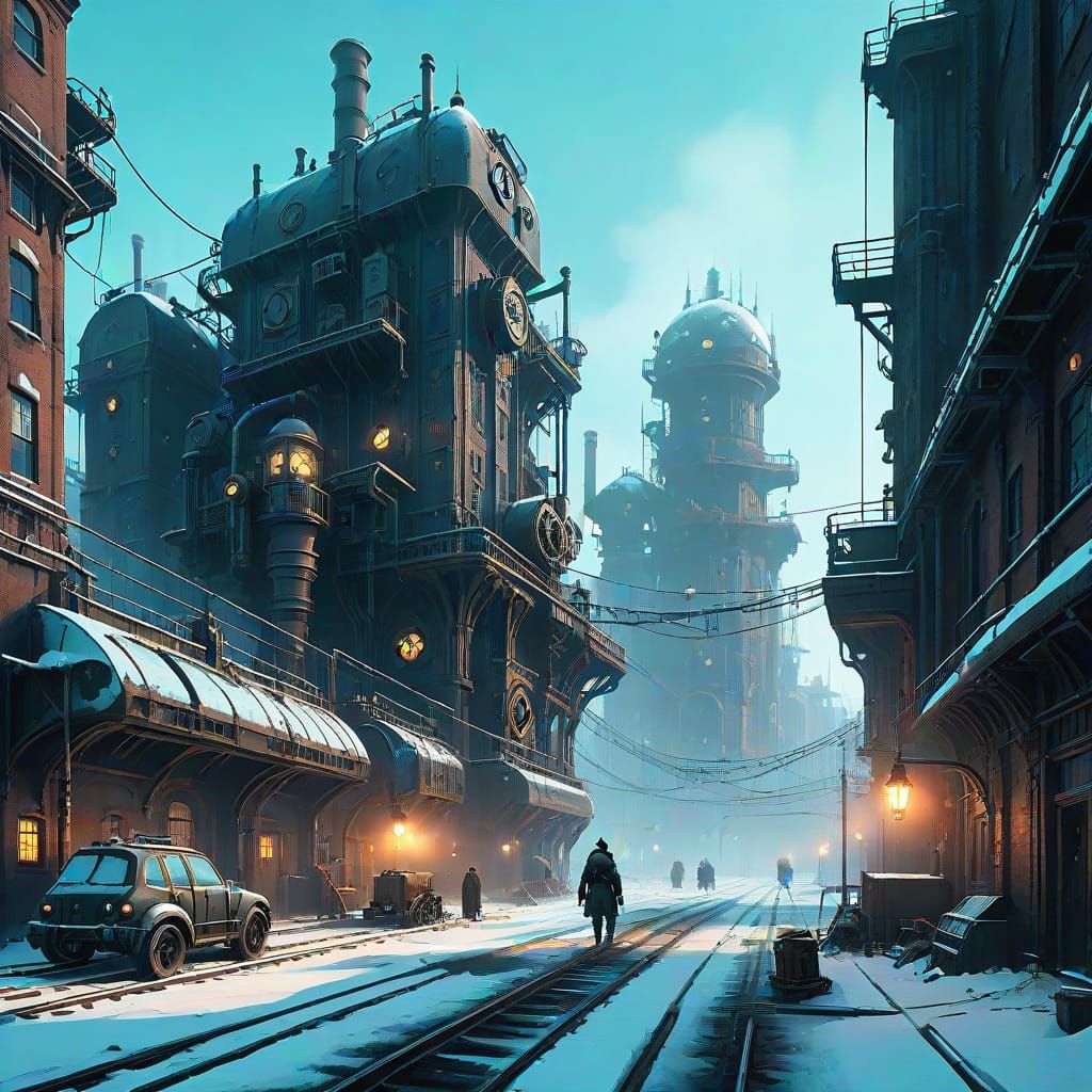 Frostpunk Cityscape in Muted Steampunk Hues