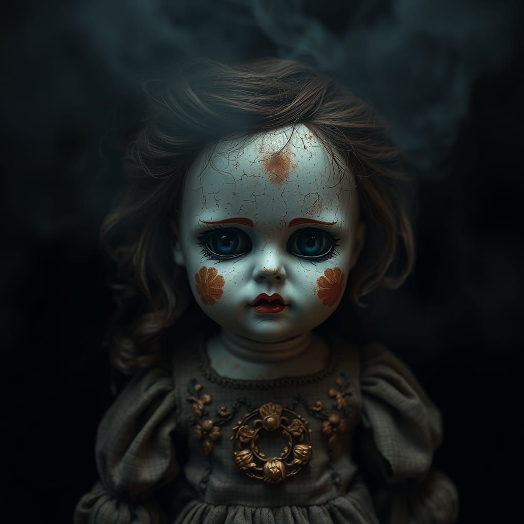 Foreboding Antique Porcelain Doll in Hyperrealistic Detail